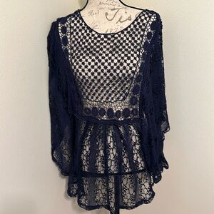 New York And Company Boho Blouse Navy Large NWOT